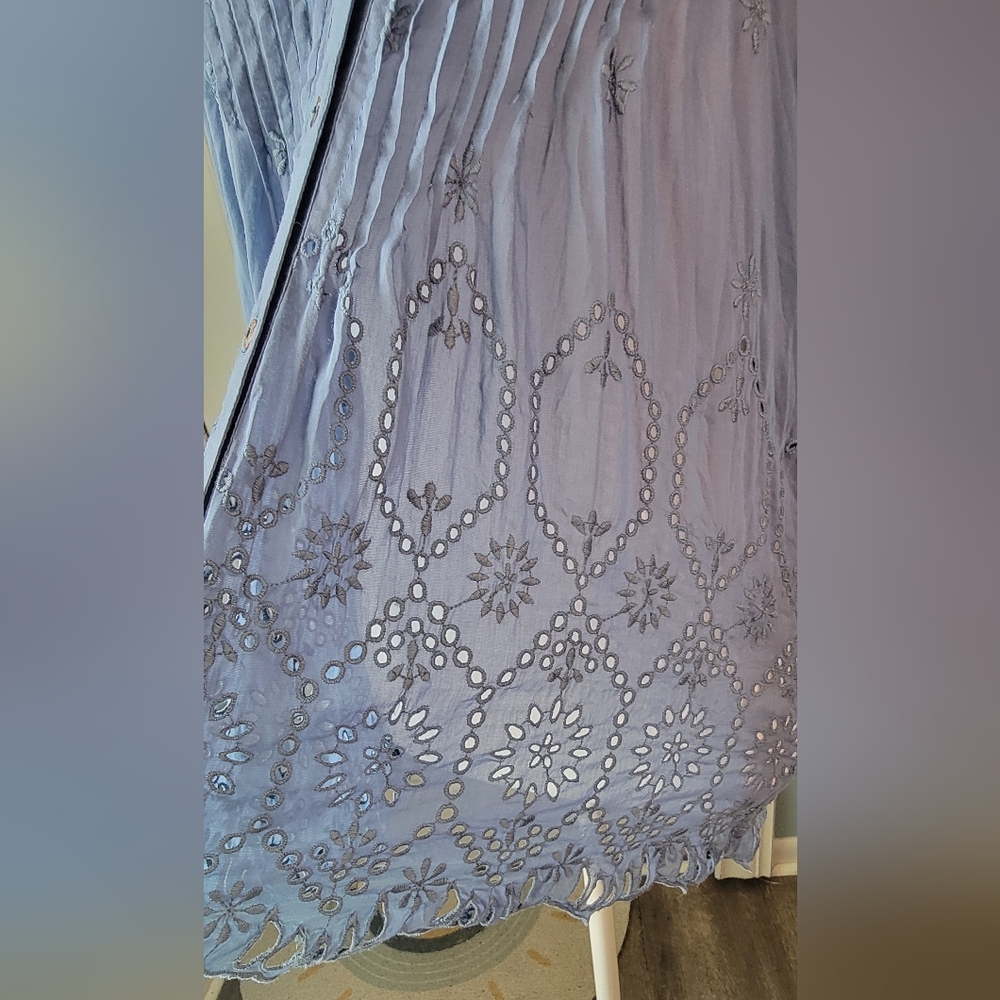 Johnny Was Huma Pintuck Blouse Women's S Blue Eyelet Cotton & Silk Semi Sheer - Picture 10 of 11